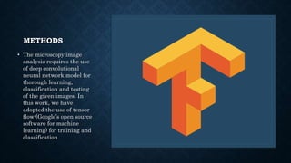 METHODS
• The microscopy image
analysis requires the use
of deep convolutional
neural network model for
thorough learning,
classification and testing
of the given images. In
this work, we have
adopted the use of tensor
flow (Google’s open source
software for machine
learning) for training and
classification
 