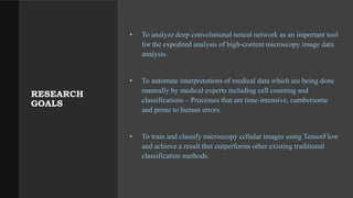 RESEARCH
GOALS
• To analyze deep convolutional neural network as an important tool
for the expedited analysis of high‐content microscopy image data
analysis.
• To automate interpretations of medical data which are being done
manually by medical experts including cell counting and
classifications – Processes that are time-intensive, cumbersome
and prone to human errors.
• To train and classify microscopy cellular images using TensorFlow
and achieve a result that outperforms other existing traditional
classification methods.
 