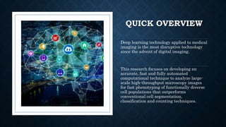 QUICK OVERVIEW
Deep learning technology applied to medical
imaging is the most disruptive technology
since the advent of digital imaging.
This research focuses on developing an
accurate, fast and fully automated
computational technique to analyze large-
scale high-throughput microscopy images
for fast phenotyping of functionally diverse
cell populations that outperforms
conventional cell segmentation,
classification and counting techniques.
 