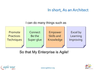 In short, As an Architect Promote Practices  Techniques Connect Be the Super glue Excel by Learning Improving  Empower Skills and  Knowledge I can do many things such as So that My Enterprise is Agile! 