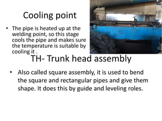 Cooling point
• The pipe is heated up at the
welding point, so this stage
cools the pipe and makes sure
the temperature is suitable by
cooling it .
TH- Trunk head assembly
• Also called square assembly, it is used to bend
the square and rectangular pipes and give them
shape. It does this by guide and leveling roles.
 