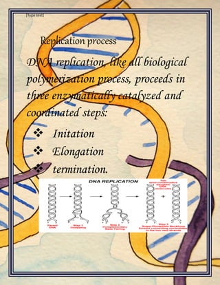 [Type text]
Replication process
DNA replication, like all biological
polymerization process, proceeds in
three enzymatically catalyzed and
coordinated steps:
 Initation
 Elongation
 termination.
 