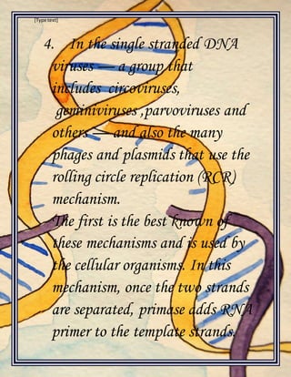 [Type text]
4. In the single stranded DNA
viruses — a group that
includes circoviruses,
geminiviruses ,parvoviruses and
others — and also the many
phages and plasmids that use the
rolling circle replication (RCR)
mechanism.
The first is the best known of
these mechanisms and is used by
the cellular organisms. In this
mechanism, once the two strands
are separated, primase adds RNA
primer to the template strands.
 