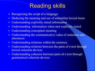 Reading skills
 Recognizing the script of a language
 Deducing the meaning and use of unfamiliar lexical items
 Understanding explicitly stated information
 Understanding information when mot explicitly stated
 Understanding conceptual meaning
 Understanding the communicative value of sentences and
utterances
 Understanding relations within the sentence
 Understanding relations between the parts of a text through
lexical cohesion devices
 Understanding cohesion between parts of a text through
grammatical cohesion devices
 