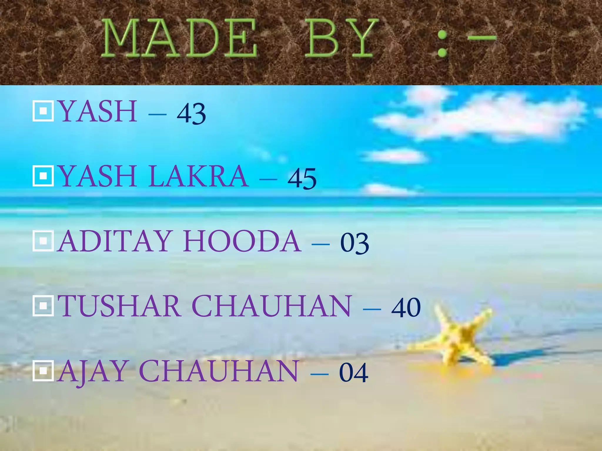 YASH – 43
YASH LAKRA – 45
ADITAY HOODA – 03
TUSHAR CHAUHAN – 40
AJAY CHAUHAN – 04
 
