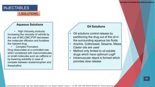 INJECTABLES
Parenteral Controlled Drug Delivery Systems
1.SOLUTIONS
Aqueous Solutions
• High Viscosity products:
Increasing the viscosity of vehicle by
the use of MC,CMC,PVP decreases
the molecular diffusion and localises
the injected drug
• Complex Formation
Drug dissociates at a controlled rate
when complexed with macromolecules
or small molecules such as caffeine or
by lowering solubility in case of
complex between acetaminophen and
theophylline
15
D.M Brahmankar.Sunil B.Jaiswal . 2009. Delhi: Vallabh Prakashan p 411-430, Joseph R. Robinson. Vincent H. L. Lee.1987. NEW YORK: MARCEL DEKKER, INC. Taylor & Francis Group. p 4-7
Oil Solutions
• Oil solutions control release by
partitioning the drug out of the oil in
the surrounding aqueous bio fluids
• Arachis, Cottonseed, Sesame, Maize,
Castor oils are used
• Method only limited to oil soluble
drugs which have optimum LogP
• Intramuscular depot is formed which
provides slow release
 