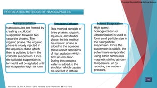 Parenteral Controlled Drug Delivery Systems
PREPARATION METHODS OF NANOCAPSULES
.
Nanocapsules are formed by
creating a colloidal
suspension between two
separate phases. The
organic phase. The organic
phase is slowly injected in
the aqueous phase which
then is agitated to form the
colloidal suspension. Once
the colloidal suspension is
formed it will be agitated until
nanocapsules begin to form.
Nanoprecipitation Emulsion-Diffusion Solvent Evaporation
This method consists of
three phases: organic,
aqueous, and dilution
phase. In this method
the organic phase is
added to the aqueous
phase under conditions
of high agitation which
form an emulsion.
During this process
water is added to the
emulsion which causes
the solvent to diffuse.
High speed
homogenization or
ultrasonication is used to
form small particle size in
the nanoparticle
suspension. Once the
suspension is stable, the
solvents are evaporated
using either continuous
magnetic stirring at room
temperature, or by
reducing the ambient
pressure.[
48
Mora-Huertas, C.E.; Fessi, H.; Elaissari, A. (2010). International Journal of Pharmaceutics. 385 (1–2): 113–42.
 