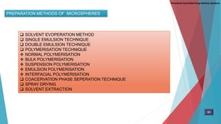 PREPARATION METHODS OF MICROSPHERES
 SOLVENT EVOPERATION METHOD
 SINGLE EMULSION TECHNIQUE
 DOUBLE EMULSION TECHNIQUE
 POLYMERISATION TECHNIQUE
 NORMAL POLYMERISATION
 BULK POLYMERISATION
 SUSPENSION POLYMERISATION
 EMULSION POLYMERISATION
 INTERFACIAL POLYMERISATION
 COACERVATION PHASE SEPERATION TECHNIQUE
 SPRAY DRYING
 SOLVENT EXTRACTION
66
Parenteral Controlled Drug Delivery Systems
 