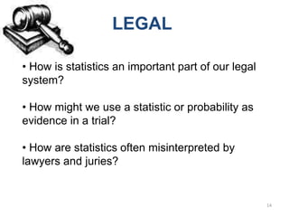 LEGAL

• How is statistics an important part of our legal
system?

• How might we use a statistic or probability as
evidence in a trial?

• How are statistics often misinterpreted by
lawyers and juries?


                                                     14
 