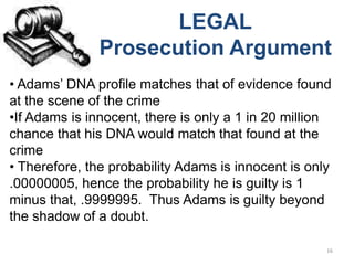 LEGAL
               Prosecution Argument
• Adams’ DNA profile matches that of evidence found
at the scene of the crime
•If Adams is innocent, there is only a 1 in 20 million
chance that his DNA would match that found at the
crime
• Therefore, the probability Adams is innocent is only
.00000005, hence the probability he is guilty is 1
minus that, .9999995. Thus Adams is guilty beyond
the shadow of a doubt.

                                                     16
 