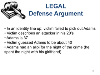 LEGAL
               Defense Argument

• In an identity line up, victim failed to pick out Adams
• Victim describes an attacker in his 20’s
• Adams is 37
• Victim guessed Adams to be about 40
• Adams had an alibi for the night of the crime (he
spent the night with his girlfriend)



                                                      18
 