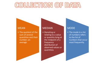 MEAN                     MEDIAN                   MODE
• The quotient of the    • Denoting or            • The mode in a list
  sum of several           relating to a value      of numbers refers
  quantities and their     or quantity lying at     to the list of
  number; an               the midpoint of a        numbers that occur
  average.                 frequency                most frequently.
                           distribution of
                           observed values or
                           quantities
 