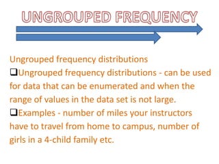 Ungrouped frequency distributions
Ungrouped frequency distributions - can be used
for data that can be enumerated and when the
range of values in the data set is not large.
Examples - number of miles your instructors
have to travel from home to campus, number of
girls in a 4-child family etc.
 