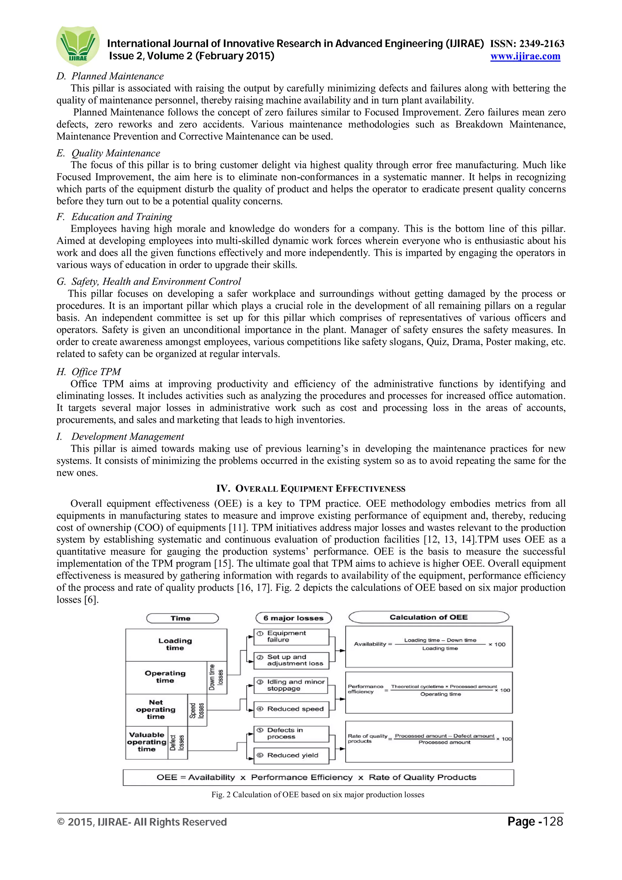 International Journal of Innovative Research in Advanced Engineering (IJIRAE) ISSN: 2349-2163
Issue 2, Volume 2 (February 2015) www.ijirae.com
_________________________________________________________________________________________________
© 2015, IJIRAE- All Rights Reserved Page -128
D. Planned Maintenance
This pillar is associated with raising the output by carefully minimizing defects and failures along with bettering the
quality of maintenance personnel, thereby raising machine availability and in turn plant availability.
Planned Maintenance follows the concept of zero failures similar to Focused Improvement. Zero failures mean zero
defects, zero reworks and zero accidents. Various maintenance methodologies such as Breakdown Maintenance,
Maintenance Prevention and Corrective Maintenance can be used.
E. Quality Maintenance
The focus of this pillar is to bring customer delight via highest quality through error free manufacturing. Much like
Focused Improvement, the aim here is to eliminate non-conformances in a systematic manner. It helps in recognizing
which parts of the equipment disturb the quality of product and helps the operator to eradicate present quality concerns
before they turn out to be a potential quality concerns.
F. Education and Training
Employees having high morale and knowledge do wonders for a company. This is the bottom line of this pillar.
Aimed at developing employees into multi-skilled dynamic work forces wherein everyone who is enthusiastic about his
work and does all the given functions effectively and more independently. This is imparted by engaging the operators in
various ways of education in order to upgrade their skills.
G. Safety, Health and Environment Control
This pillar focuses on developing a safer workplace and surroundings without getting damaged by the process or
procedures. It is an important pillar which plays a crucial role in the development of all remaining pillars on a regular
basis. An independent committee is set up for this pillar which comprises of representatives of various officers and
operators. Safety is given an unconditional importance in the plant. Manager of safety ensures the safety measures. In
order to create awareness amongst employees, various competitions like safety slogans, Quiz, Drama, Poster making, etc.
related to safety can be organized at regular intervals.
H. Office TPM
Office TPM aims at improving productivity and efficiency of the administrative functions by identifying and
eliminating losses. It includes activities such as analyzing the procedures and processes for increased office automation.
It targets several major losses in administrative work such as cost and processing loss in the areas of accounts,
procurements, and sales and marketing that leads to high inventories.
I. Development Management
This pillar is aimed towards making use of previous learning’s in developing the maintenance practices for new
systems. It consists of minimizing the problems occurred in the existing system so as to avoid repeating the same for the
new ones.
IV. OVERALL EQUIPMENT EFFECTIVENESS
Overall equipment effectiveness (OEE) is a key to TPM practice. OEE methodology embodies metrics from all
equipments in manufacturing states to measure and improve existing performance of equipment and, thereby, reducing
cost of ownership (COO) of equipments [11]. TPM initiatives address major losses and wastes relevant to the production
system by establishing systematic and continuous evaluation of production facilities [12, 13, 14].TPM uses OEE as a
quantitative measure for gauging the production systems’ performance. OEE is the basis to measure the successful
implementation of the TPM program [15]. The ultimate goal that TPM aims to achieve is higher OEE. Overall equipment
effectiveness is measured by gathering information with regards to availability of the equipment, performance efficiency
of the process and rate of quality products [16, 17]. Fig. 2 depicts the calculations of OEE based on six major production
losses [6].
Fig. 2 Calculation of OEE based on six major production losses
 