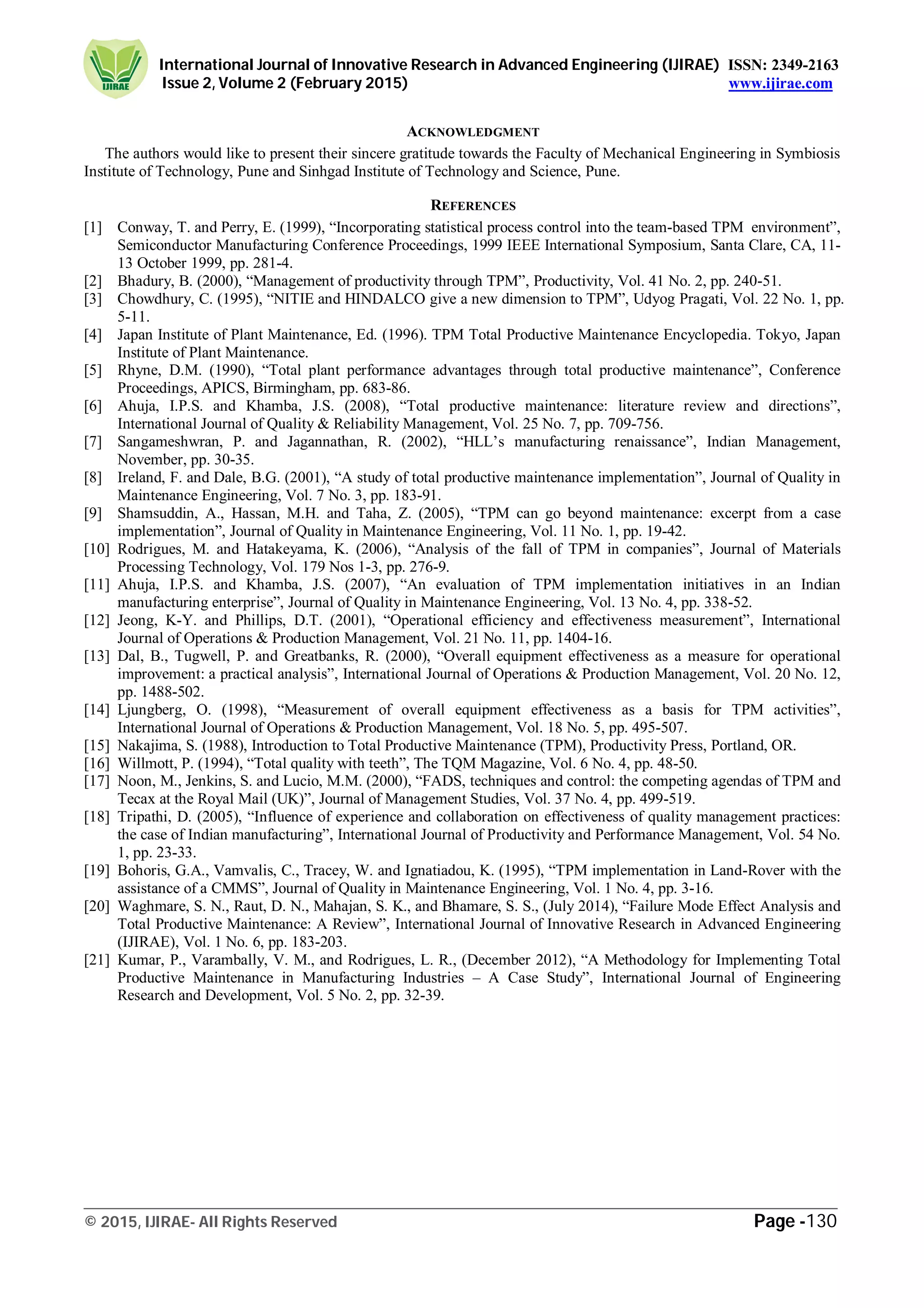 International Journal of Innovative Research in Advanced Engineering (IJIRAE) ISSN: 2349-2163
Issue 2, Volume 2 (February 2015) www.ijirae.com
_________________________________________________________________________________________________
© 2015, IJIRAE- All Rights Reserved Page -130
ACKNOWLEDGMENT
The authors would like to present their sincere gratitude towards the Faculty of Mechanical Engineering in Symbiosis
Institute of Technology, Pune and Sinhgad Institute of Technology and Science, Pune.
REFERENCES
[1] Conway, T. and Perry, E. (1999), “Incorporating statistical process control into the team-based TPM environment”,
Semiconductor Manufacturing Conference Proceedings, 1999 IEEE International Symposium, Santa Clare, CA, 11-
13 October 1999, pp. 281-4.
[2] Bhadury, B. (2000), “Management of productivity through TPM”, Productivity, Vol. 41 No. 2, pp. 240-51.
[3] Chowdhury, C. (1995), “NITIE and HINDALCO give a new dimension to TPM”, Udyog Pragati, Vol. 22 No. 1, pp.
5-11.
[4] Japan Institute of Plant Maintenance, Ed. (1996). TPM Total Productive Maintenance Encyclopedia. Tokyo, Japan
Institute of Plant Maintenance.
[5] Rhyne, D.M. (1990), “Total plant performance advantages through total productive maintenance”, Conference
Proceedings, APICS, Birmingham, pp. 683-86.
[6] Ahuja, I.P.S. and Khamba, J.S. (2008), “Total productive maintenance: literature review and directions”,
International Journal of Quality & Reliability Management, Vol. 25 No. 7, pp. 709-756.
[7] Sangameshwran, P. and Jagannathan, R. (2002), “HLL’s manufacturing renaissance”, Indian Management,
November, pp. 30-35.
[8] Ireland, F. and Dale, B.G. (2001), “A study of total productive maintenance implementation”, Journal of Quality in
Maintenance Engineering, Vol. 7 No. 3, pp. 183-91.
[9] Shamsuddin, A., Hassan, M.H. and Taha, Z. (2005), “TPM can go beyond maintenance: excerpt from a case
implementation”, Journal of Quality in Maintenance Engineering, Vol. 11 No. 1, pp. 19-42.
[10] Rodrigues, M. and Hatakeyama, K. (2006), “Analysis of the fall of TPM in companies”, Journal of Materials
Processing Technology, Vol. 179 Nos 1-3, pp. 276-9.
[11] Ahuja, I.P.S. and Khamba, J.S. (2007), “An evaluation of TPM implementation initiatives in an Indian
manufacturing enterprise”, Journal of Quality in Maintenance Engineering, Vol. 13 No. 4, pp. 338-52.
[12] Jeong, K-Y. and Phillips, D.T. (2001), “Operational efficiency and effectiveness measurement”, International
Journal of Operations & Production Management, Vol. 21 No. 11, pp. 1404-16.
[13] Dal, B., Tugwell, P. and Greatbanks, R. (2000), “Overall equipment effectiveness as a measure for operational
improvement: a practical analysis”, International Journal of Operations & Production Management, Vol. 20 No. 12,
pp. 1488-502.
[14] Ljungberg, O. (1998), “Measurement of overall equipment effectiveness as a basis for TPM activities”,
International Journal of Operations & Production Management, Vol. 18 No. 5, pp. 495-507.
[15] Nakajima, S. (1988), Introduction to Total Productive Maintenance (TPM), Productivity Press, Portland, OR.
[16] Willmott, P. (1994), “Total quality with teeth”, The TQM Magazine, Vol. 6 No. 4, pp. 48-50.
[17] Noon, M., Jenkins, S. and Lucio, M.M. (2000), “FADS, techniques and control: the competing agendas of TPM and
Tecax at the Royal Mail (UK)”, Journal of Management Studies, Vol. 37 No. 4, pp. 499-519.
[18] Tripathi, D. (2005), “Influence of experience and collaboration on effectiveness of quality management practices:
the case of Indian manufacturing”, International Journal of Productivity and Performance Management, Vol. 54 No.
1, pp. 23-33.
[19] Bohoris, G.A., Vamvalis, C., Tracey, W. and Ignatiadou, K. (1995), “TPM implementation in Land-Rover with the
assistance of a CMMS”, Journal of Quality in Maintenance Engineering, Vol. 1 No. 4, pp. 3-16.
[20] Waghmare, S. N., Raut, D. N., Mahajan, S. K., and Bhamare, S. S., (July 2014), “Failure Mode Effect Analysis and
Total Productive Maintenance: A Review”, International Journal of Innovative Research in Advanced Engineering
(IJIRAE), Vol. 1 No. 6, pp. 183-203.
[21] Kumar, P., Varambally, V. M., and Rodrigues, L. R., (December 2012), “A Methodology for Implementing Total
Productive Maintenance in Manufacturing Industries – A Case Study”, International Journal of Engineering
Research and Development, Vol. 5 No. 2, pp. 32-39.
 