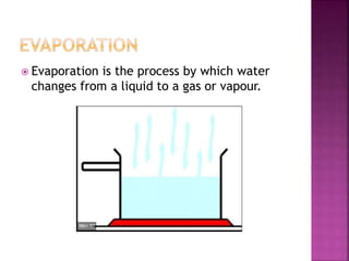  Evaporation is the process by which water
changes from a liquid to a gas or vapour.
 