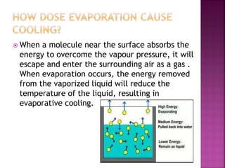  When a molecule near the surface absorbs the
energy to overcome the vapour pressure, it will
escape and enter the surrounding air as a gas .
When evaporation occurs, the energy removed
from the vaporized liquid will reduce the
temperature of the liquid, resulting in
evaporative cooling.
 