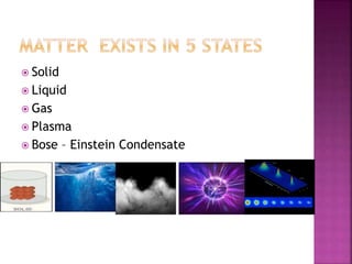  Solid
 Liquid
 Gas
 Plasma
 Bose – Einstein Condensate
 