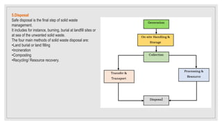 5.Disposal
Safe disposal is the final step of solid waste
management.
It includes for instance, burning, burial at landfill sites or
at sea of the unwanted solid waste.
The four main methods of solid waste disposal are:
•Land burial or land filling
•Incineration
•Composting
•Recycling/ Resource recovery.
 