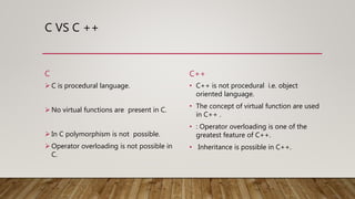 C VS C ++
C
 C is procedural language.
 No virtual functions are present in C.
 In C polymorphism is not possible.
 Operator overloading is not possible in
C.
C++
• C++ is not procedural i.e. object
oriented language.
• The concept of virtual function are used
in C++ .
• : Operator overloading is one of the
greatest feature of C++.
• Inheritance is possible in C++.
 