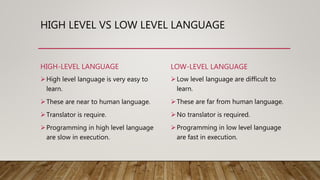HIGH LEVEL VS LOW LEVEL LANGUAGE
HIGH-LEVEL LANGUAGE
High level language is very easy to
learn.
These are near to human language.
Translator is require.
Programming in high level language
are slow in execution.
LOW-LEVEL LANGUAGE
Low level language are difficult to
learn.
These are far from human language.
No translator is required.
Programming in low level language
are fast in execution.
 