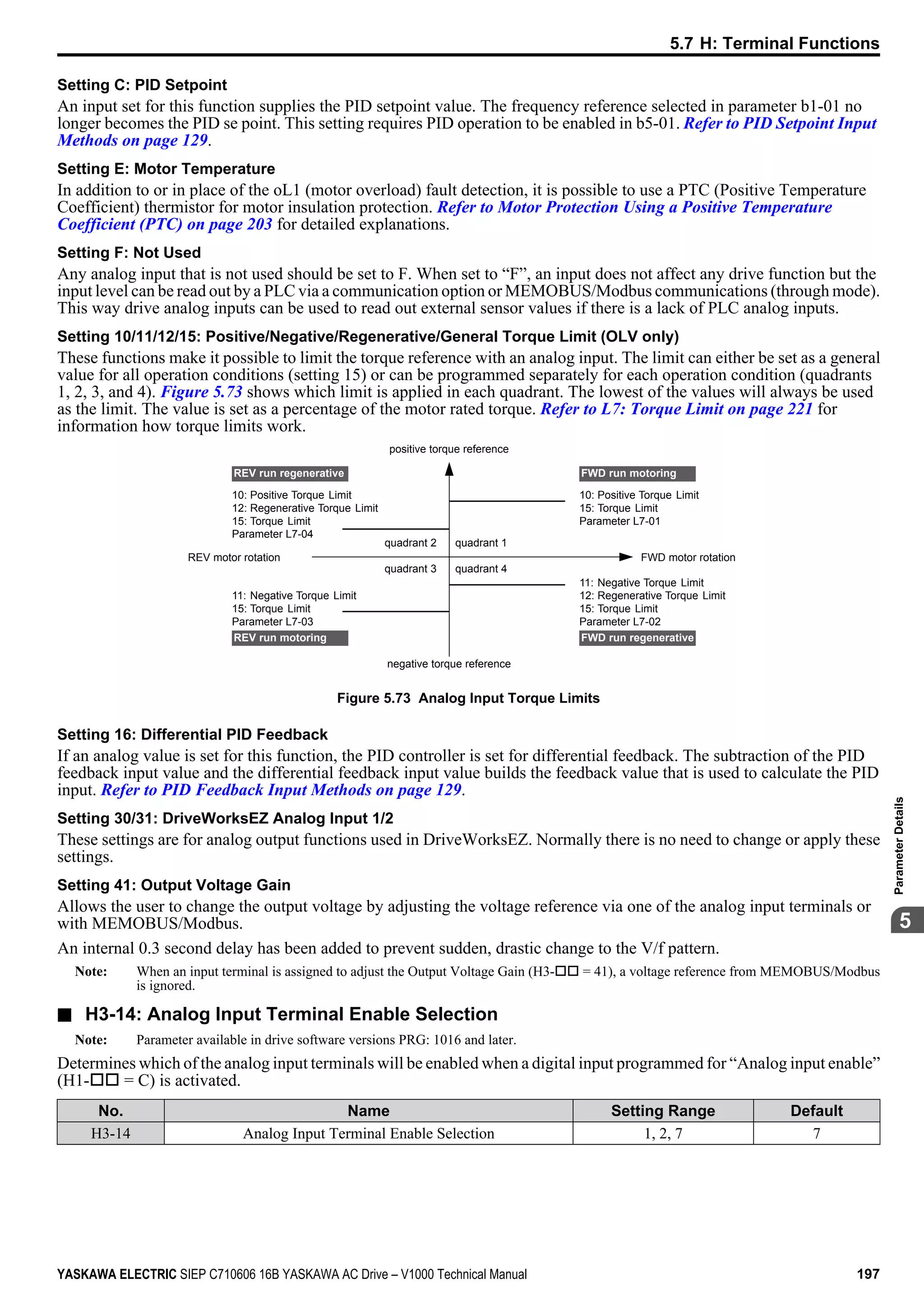 Setting C: PID Setpoint
An input set for this function supplies the PID setpoint value. The frequency reference selected in parameter b1-01 no
longer becomes the PID se point. This setting requires PID operation to be enabled in b5-01. Refer to PID Setpoint Input
Methods on page 129.
Setting E: Motor Temperature
In addition to or in place of the oL1 (motor overload) fault detection, it is possible to use a PTC (Positive Temperature
Coefficient) thermistor for motor insulation protection. Refer to Motor Protection Using a Positive Temperature
Coefficient (PTC) on page 203 for detailed explanations.
Setting F: Not Used
Any analog input that is not used should be set to F. When set to “F”, an input does not affect any drive function but the
input level can be read out by a PLC via a communication option or MEMOBUS/Modbus communications (through mode).
This way drive analog inputs can be used to read out external sensor values if there is a lack of PLC analog inputs.
Setting 10/11/12/15: Positive/Negative/Regenerative/General Torque Limit (OLV only)
These functions make it possible to limit the torque reference with an analog input. The limit can either be set as a general
value for all operation conditions (setting 15) or can be programmed separately for each operation condition (quadrants
1, 2, 3, and 4). Figure 5.73 shows which limit is applied in each quadrant. The lowest of the values will always be used
as the limit. The value is set as a percentage of the motor rated torque. Refer to L7: Torque Limit on page 221 for
information how torque limits work.
positive torque reference
negative torque reference
10: Positive Torque Limit
12: Regenerative Torque Limit
15: Torque Limit
Parameter L7-04
REV motor rotation
11: Negative Torque Limit
15: Torque Limit
Parameter L7-03
10: Positive Torque Limit
15: Torque Limit
Parameter L7-01
FWD motor rotation
11: Negative Torque Limit
12: Regenerative Torque Limit
15: Torque Limit
Parameter L7-02
quadrant 2
quadrant 3
quadrant 1
quadrant 4
REV run regenerative
REV run motoring
FWD run motoring
FWD run regenerative
Figure 5.73 Analog Input Torque Limits
Setting 16: Differential PID Feedback
If an analog value is set for this function, the PID controller is set for differential feedback. The subtraction of the PID
feedback input value and the differential feedback input value builds the feedback value that is used to calculate the PID
input. Refer to PID Feedback Input Methods on page 129.
Setting 30/31: DriveWorksEZ Analog Input 1/2
These settings are for analog output functions used in DriveWorksEZ. Normally there is no need to change or apply these
settings.
Setting 41: Output Voltage Gain
Allows the user to change the output voltage by adjusting the voltage reference via one of the analog input terminals or
with MEMOBUS/Modbus.
An internal 0.3 second delay has been added to prevent sudden, drastic change to the V/f pattern.
Note: When an input terminal is assigned to adjust the Output Voltage Gain (H3-oo = 41), a voltage reference from MEMOBUS/Modbus
is ignored.
n H3-14: Analog Input Terminal Enable Selection
Note: Parameter available in drive software versions PRG: 1016 and later.
Determines which of the analog input terminals will be enabled when a digital input programmed for “Analog input enable”
(H1-oo = C) is activated.
No. Name Setting Range Default
H3-14 Analog Input Terminal Enable Selection 1, 2, 7 7
5.7 H: Terminal Functions
YASKAWA ELECTRIC SIEP C710606 16B YASKAWA AC Drive – V1000 Technical Manual 197
5
ParameterDetails
 