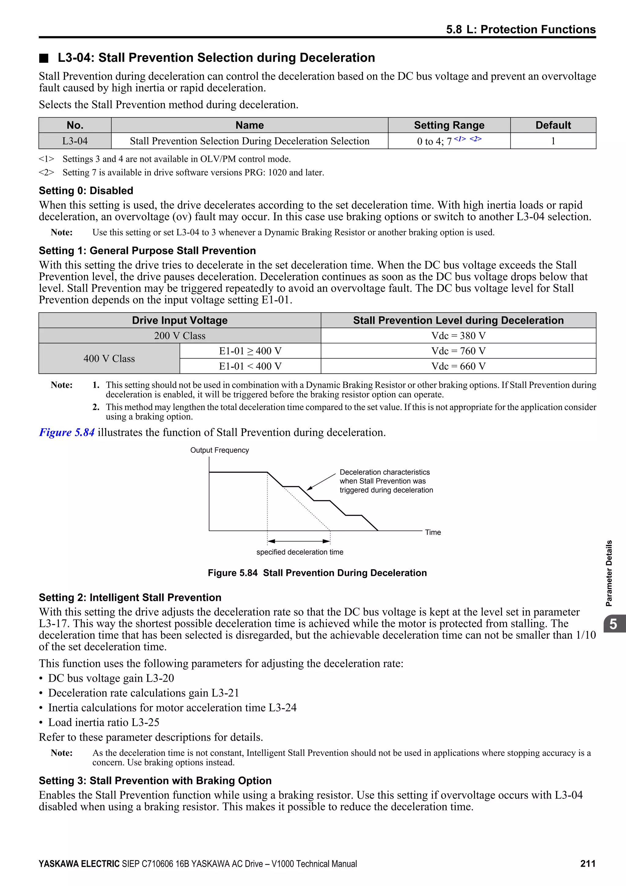 n L3-04: Stall Prevention Selection during Deceleration
Stall Prevention during deceleration can control the deceleration based on the DC bus voltage and prevent an overvoltage
fault caused by high inertia or rapid deceleration.
Selects the Stall Prevention method during deceleration.
No. Name Setting Range Default
L3-04 Stall Prevention Selection During Deceleration Selection 0 to 4; 7 <1> <2> 1
<1> Settings 3 and 4 are not available in OLV/PM control mode.
<2> Setting 7 is available in drive software versions PRG: 1020 and later.
Setting 0: Disabled
When this setting is used, the drive decelerates according to the set deceleration time. With high inertia loads or rapid
deceleration, an overvoltage (ov) fault may occur. In this case use braking options or switch to another L3-04 selection.
Note: Use this setting or set L3-04 to 3 whenever a Dynamic Braking Resistor or another braking option is used.
Setting 1: General Purpose Stall Prevention
With this setting the drive tries to decelerate in the set deceleration time. When the DC bus voltage exceeds the Stall
Prevention level, the drive pauses deceleration. Deceleration continues as soon as the DC bus voltage drops below that
level. Stall Prevention may be triggered repeatedly to avoid an overvoltage fault. The DC bus voltage level for Stall
Prevention depends on the input voltage setting E1-01.
Drive Input Voltage Stall Prevention Level during Deceleration
200 V Class Vdc = 380 V
400 V Class
E1-01 ≥ 400 V Vdc = 760 V
E1-01 < 400 V Vdc = 660 V
Note: 1. This setting should not be used in combination with a Dynamic Braking Resistor or other braking options. If Stall Prevention during
deceleration is enabled, it will be triggered before the braking resistor option can operate.
2. This method may lengthen the total deceleration time compared to the set value. If this is not appropriate for the application consider
using a braking option.
Figure 5.84 illustrates the function of Stall Prevention during deceleration.
Output Frequency
Deceleration characteristics
when Stall Prevention was
triggered during deceleration
Time
specified deceleration time
Figure 5.84 Stall Prevention During Deceleration
Setting 2: Intelligent Stall Prevention
With this setting the drive adjusts the deceleration rate so that the DC bus voltage is kept at the level set in parameter
L3-17. This way the shortest possible deceleration time is achieved while the motor is protected from stalling. The
deceleration time that has been selected is disregarded, but the achievable deceleration time can not be smaller than 1/10
of the set deceleration time.
This function uses the following parameters for adjusting the deceleration rate:
• DC bus voltage gain L3-20
• Deceleration rate calculations gain L3-21
• Inertia calculations for motor acceleration time L3-24
• Load inertia ratio L3-25
Refer to these parameter descriptions for details.
Note: As the deceleration time is not constant, Intelligent Stall Prevention should not be used in applications where stopping accuracy is a
concern. Use braking options instead.
Setting 3: Stall Prevention with Braking Option
Enables the Stall Prevention function while using a braking resistor. Use this setting if overvoltage occurs with L3-04
disabled when using a braking resistor. This makes it possible to reduce the deceleration time.
5.8 L: Protection Functions
YASKAWA ELECTRIC SIEP C710606 16B YASKAWA AC Drive – V1000 Technical Manual 211
5
ParameterDetails
 