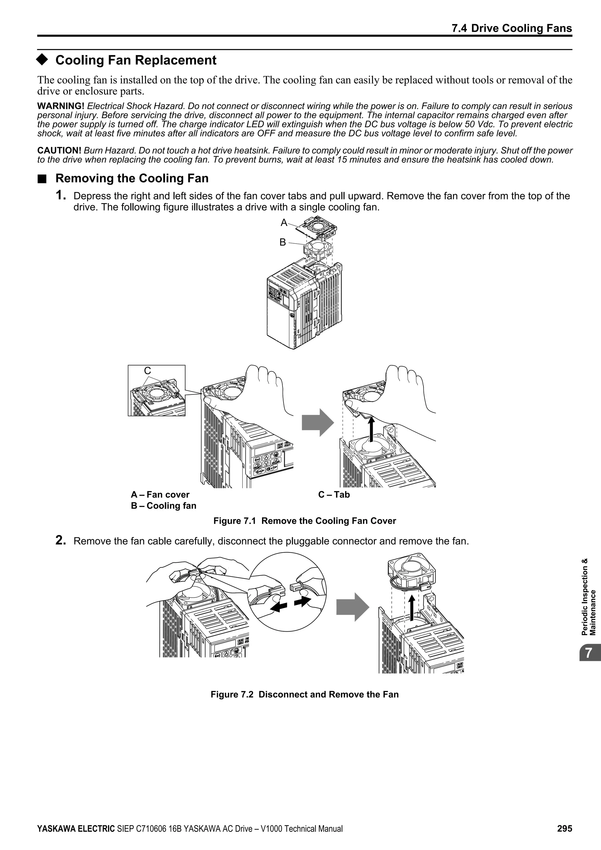 u Cooling Fan Replacement
The cooling fan is installed on the top of the drive. The cooling fan can easily be replaced without tools or removal of the
drive or enclosure parts.
WARNING! Electrical Shock Hazard. Do not connect or disconnect wiring while the power is on. Failure to comply can result in serious
personal injury. Before servicing the drive, disconnect all power to the equipment. The internal capacitor remains charged even after
the power supply is turned off. The charge indicator LED will extinguish when the DC bus voltage is below 50 Vdc. To prevent electric
shock, wait at least five minutes after all indicators are OFF and measure the DC bus voltage level to confirm safe level.
CAUTION! Burn Hazard. Do not touch a hot drive heatsink. Failure to comply could result in minor or moderate injury. Shut off the power
to the drive when replacing the cooling fan. To prevent burns, wait at least 15 minutes and ensure the heatsink has cooled down.
n Removing the Cooling Fan
1. Depress the right and left sides of the fan cover tabs and pull upward. Remove the fan cover from the top of the
drive. The following figure illustrates a drive with a single cooling fan.
A
B
C
A – Fan cover
B – Cooling fan
C – Tab
Figure 7.1 Remove the Cooling Fan Cover
2. Remove the fan cable carefully, disconnect the pluggable connector and remove the fan.
Figure 7.2 Disconnect and Remove the Fan
7.4 Drive Cooling Fans
YASKAWA ELECTRIC SIEP C710606 16B YASKAWA AC Drive – V1000 Technical Manual 295
7
PeriodicInspection&
Maintenance
 