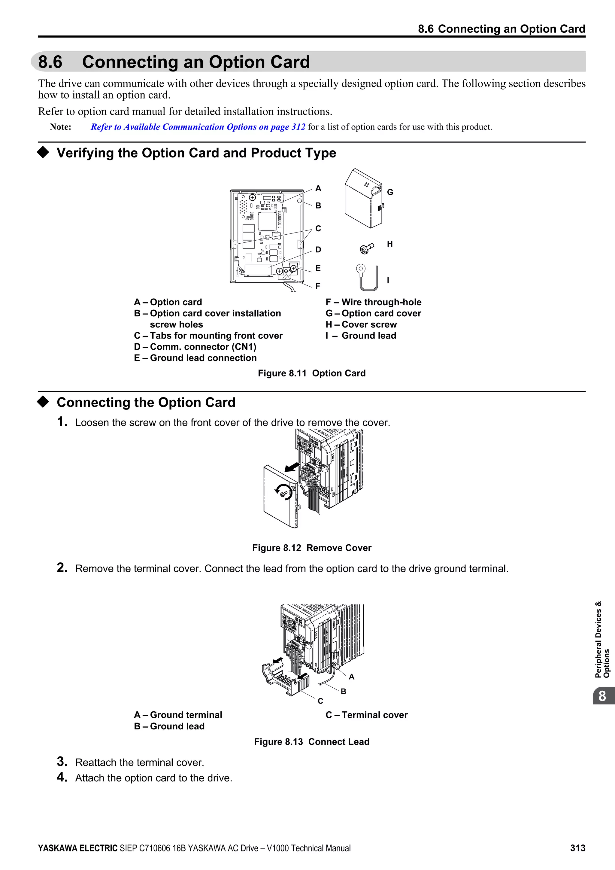 8.6 Connecting an Option Card
The drive can communicate with other devices through a specially designed option card. The following section describes
how to install an option card.
Refer to option card manual for detailed installation instructions.
Note: Refer to Available Communication Options on page 312 for a list of option cards for use with this product.
u Verifying the Option Card and Product Type
C
E
F
D
A
B
G
H
I
A – Option card
B – Option card cover installation
screw holes
C – Tabs for mounting front cover
D – Comm. connector (CN1)
E – Ground lead connection
F – Wire through-hole
G – Option card cover
H – Cover screw
I – Ground lead
Figure 8.11 Option Card
u Connecting the Option Card
1. Loosen the screw on the front cover of the drive to remove the cover.
Figure 8.12 Remove Cover
2. Remove the terminal cover. Connect the lead from the option card to the drive ground terminal.
C
A
B
A – Ground terminal
B – Ground lead
C – Terminal cover
Figure 8.13 Connect Lead
3. Reattach the terminal cover.
4. Attach the option card to the drive.
8.6 Connecting an Option Card
YASKAWA ELECTRIC SIEP C710606 16B YASKAWA AC Drive – V1000 Technical Manual 313
8
PeripheralDevices&
Options
 