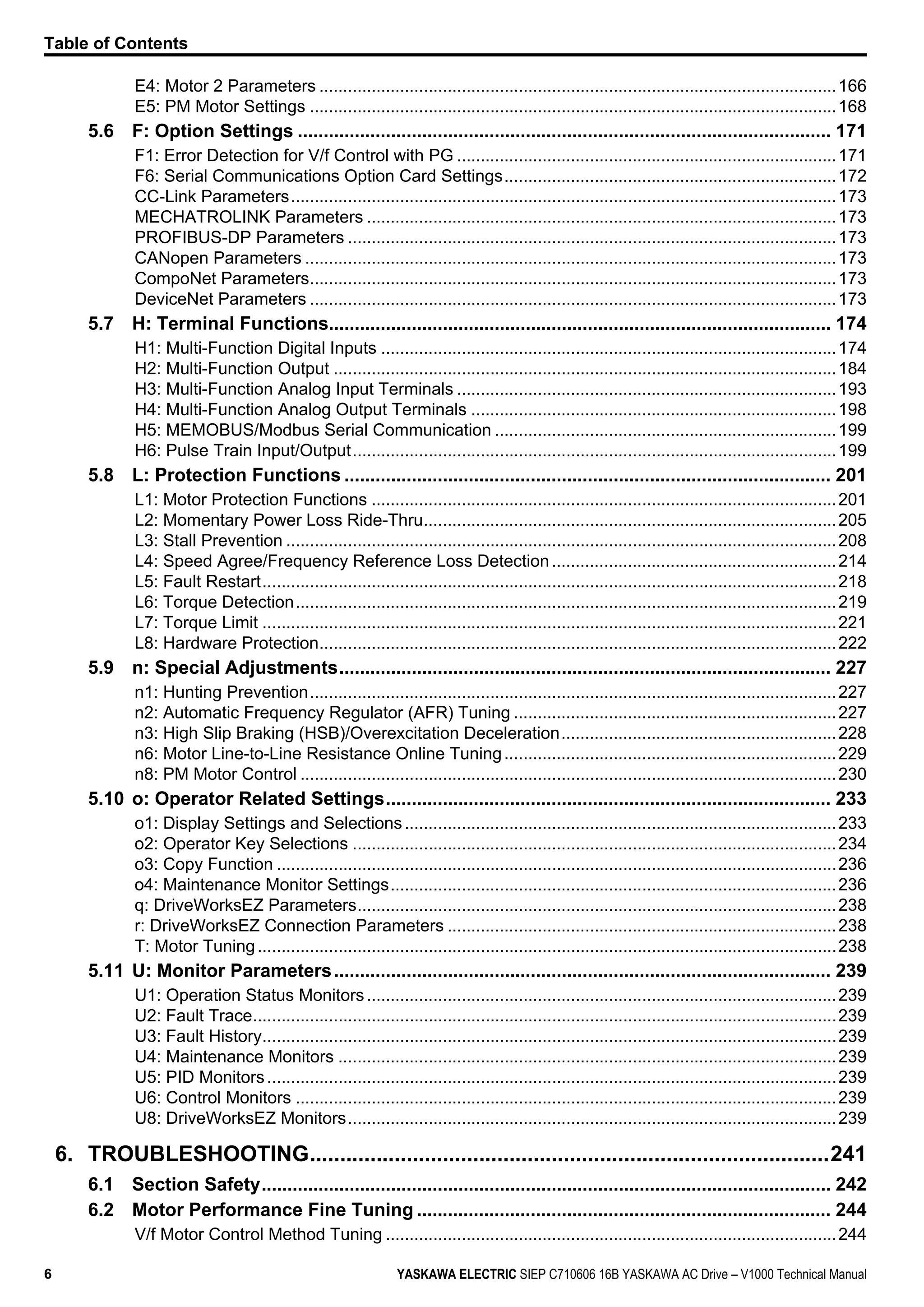 E4: Motor 2 Parameters .............................................................................................................166
E5: PM Motor Settings ...............................................................................................................168
5.6 F: Option Settings ....................................................................................................... 171
F1: Error Detection for V/f Control with PG ................................................................................171
F6: Serial Communications Option Card Settings......................................................................172
CC-Link Parameters...................................................................................................................173
MECHATROLINK Parameters ...................................................................................................173
PROFIBUS-DP Parameters .......................................................................................................173
CANopen Parameters ................................................................................................................173
CompoNet Parameters...............................................................................................................173
DeviceNet Parameters ...............................................................................................................173
5.7 H: Terminal Functions................................................................................................. 174
H1: Multi-Function Digital Inputs ................................................................................................174
H2: Multi-Function Output ..........................................................................................................184
H3: Multi-Function Analog Input Terminals ................................................................................193
H4: Multi-Function Analog Output Terminals .............................................................................198
H5: MEMOBUS/Modbus Serial Communication ........................................................................199
H6: Pulse Train Input/Output......................................................................................................199
5.8 L: Protection Functions .............................................................................................. 201
L1: Motor Protection Functions ..................................................................................................201
L2: Momentary Power Loss Ride-Thru.......................................................................................205
L3: Stall Prevention ....................................................................................................................208
L4: Speed Agree/Frequency Reference Loss Detection............................................................214
L5: Fault Restart.........................................................................................................................218
L6: Torque Detection..................................................................................................................219
L7: Torque Limit .........................................................................................................................221
L8: Hardware Protection.............................................................................................................222
5.9 n: Special Adjustments............................................................................................... 227
n1: Hunting Prevention...............................................................................................................227
n2: Automatic Frequency Regulator (AFR) Tuning ....................................................................227
n3: High Slip Braking (HSB)/Overexcitation Deceleration..........................................................228
n6: Motor Line-to-Line Resistance Online Tuning......................................................................229
n8: PM Motor Control .................................................................................................................230
5.10 o: Operator Related Settings...................................................................................... 233
o1: Display Settings and Selections...........................................................................................233
o2: Operator Key Selections ......................................................................................................234
o3: Copy Function ......................................................................................................................236
o4: Maintenance Monitor Settings..............................................................................................236
q: DriveWorksEZ Parameters.....................................................................................................238
r: DriveWorksEZ Connection Parameters ..................................................................................238
T: Motor Tuning..........................................................................................................................238
5.11 U: Monitor Parameters................................................................................................ 239
U1: Operation Status Monitors...................................................................................................239
U2: Fault Trace...........................................................................................................................239
U3: Fault History.........................................................................................................................239
U4: Maintenance Monitors .........................................................................................................239
U5: PID Monitors........................................................................................................................239
U6: Control Monitors ..................................................................................................................239
U8: DriveWorksEZ Monitors.......................................................................................................239
6. TROUBLESHOOTING......................................................................................241
6.1 Section Safety.............................................................................................................. 242
6.2 Motor Performance Fine Tuning ................................................................................ 244
V/f Motor Control Method Tuning ...............................................................................................244
Table of Contents
6 YASKAWA ELECTRIC SIEP C710606 16B YASKAWA AC Drive – V1000 Technical Manual
 