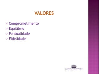  Comprometimento
Equilíbrio
Pontualidade
Fidelidade