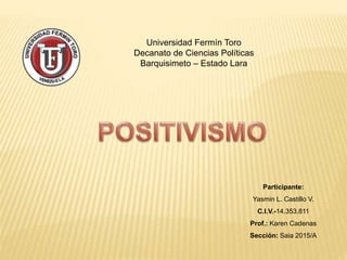 Universidad Fermín Toro
Decanato de Ciencias Políticas
Barquisimeto – Estado Lara
Participante:
Yasmin L. Castillo V.
C.I.V.-14.353.811
Prof.: Karen Cadenas
Sección: Saia 2015/A
 