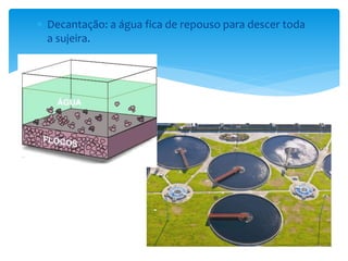  Decantação: a água fica de repouso para descer toda 
a sujeira. 
 