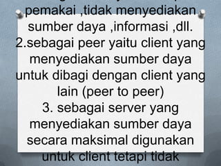 pemakai ,tidak menyediakan
  sumber daya ,informasi ,dll.
2.sebagai peer yaitu client yang
  menyediakan sumber daya
untuk dibagi dengan client yang
       lain (peer to peer)
    3. sebagai server yang
  menyediakan sumber daya
  secara maksimal digunakan
    untuk client tetapi tidak
 