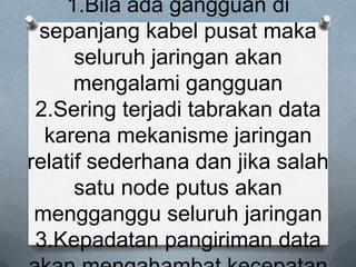 1.Bila ada gangguan di
 sepanjang kabel pusat maka
      seluruh jaringan akan
      mengalami gangguan
 2.Sering terjadi tabrakan data
  karena mekanisme jaringan
relatif sederhana dan jika salah
      satu node putus akan
 mengganggu seluruh jaringan
 3.Kepadatan pangiriman data
 