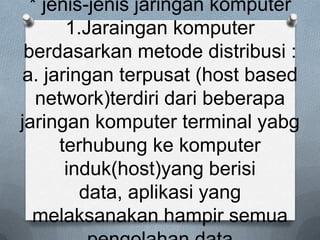 * jenis-jenis jaringan komputer
       1.Jaraingan komputer
 berdasarkan metode distribusi :
a. jaringan terpusat (host based
   network)terdiri dari beberapa
jaringan komputer terminal yabg
      terhubung ke komputer
       induk(host)yang berisi
         data, aplikasi yang
  melaksanakan hampir semua
 