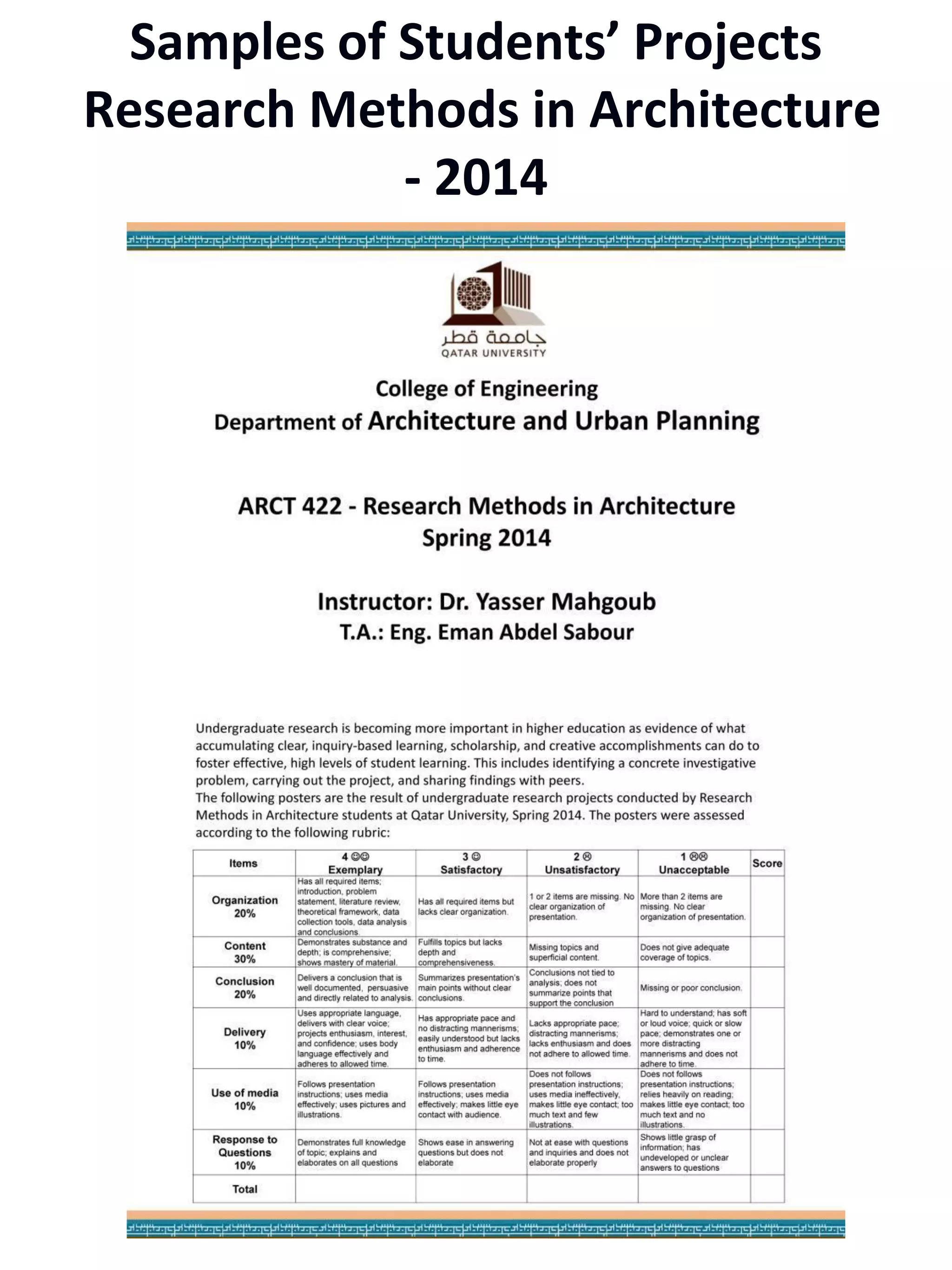 Samples of Students’ Projects
Research Methods in Architecture
- 2014
 