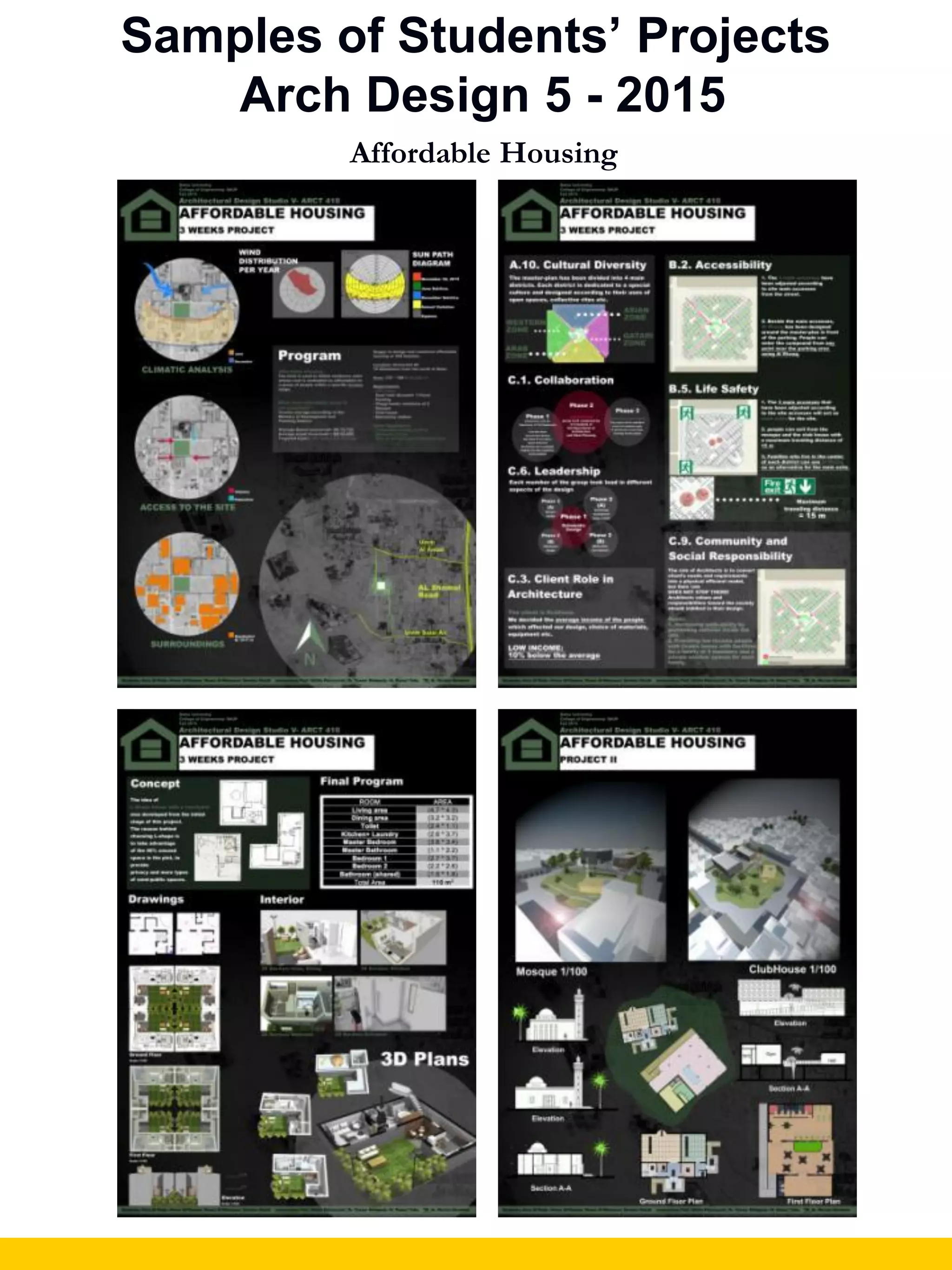 Samples of Students’ Projects
Arch Design 5 - 2015
Affordable Housing
 
