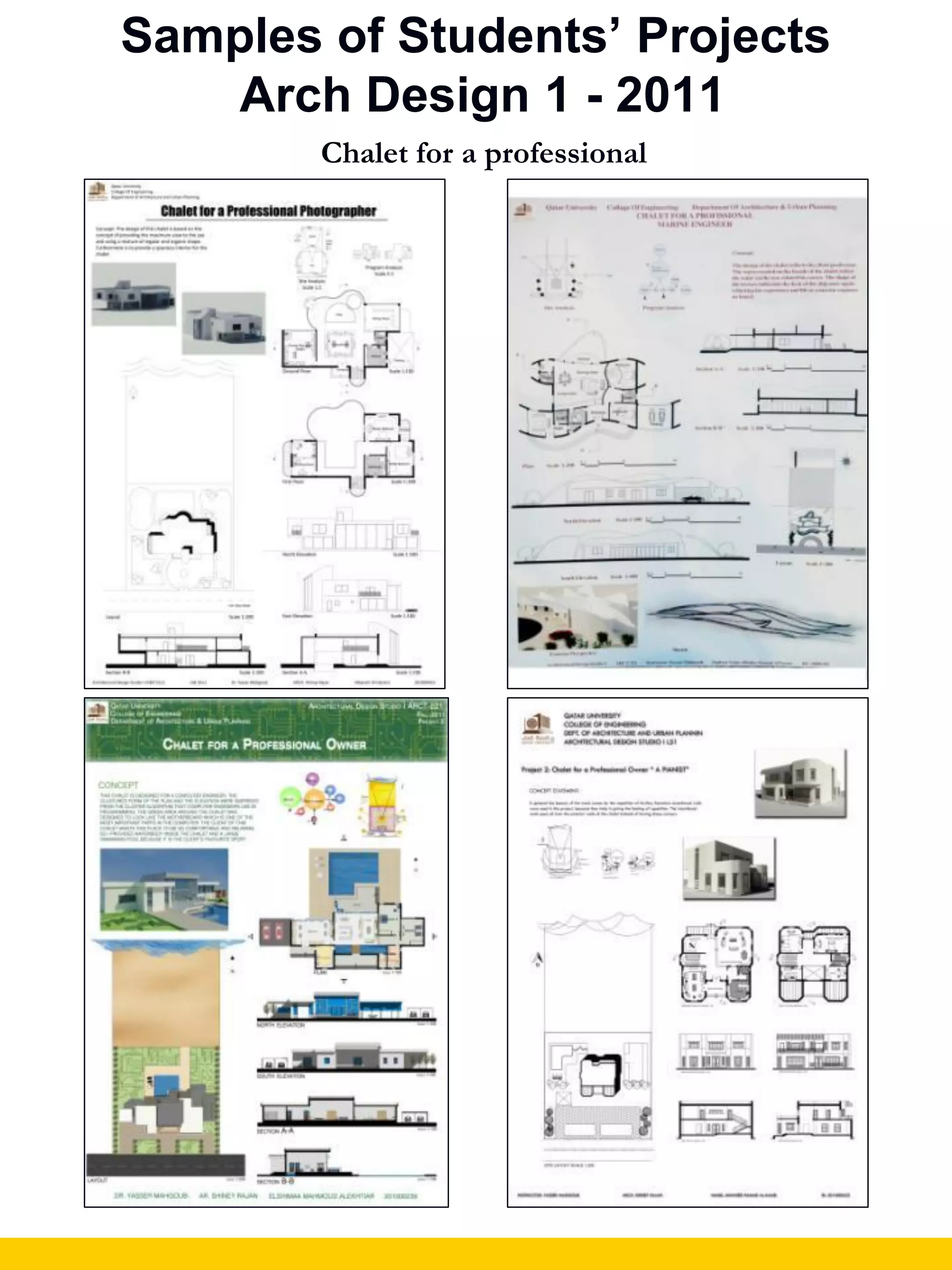 Samples of Students’ Projects
Arch Design 1 - 2011
Chalet for a professional
 