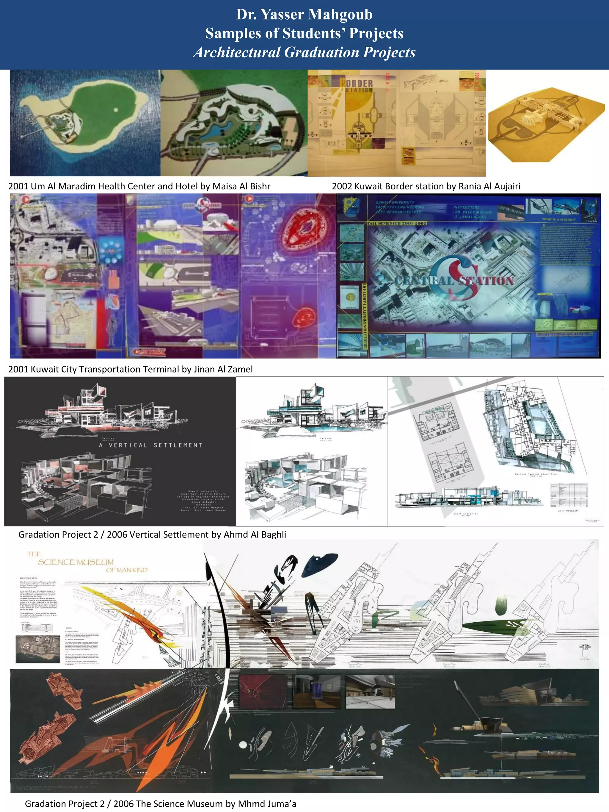 Dr. Yasser Mahgoub
Samples of Students’Projects
Architectural Graduation Projects
Gradation Project 2 / 2006 Vertical Settlement by Ahmd Al Baghli
Gradation Project 2 / 2006 The Science Museum by Mhmd Juma’a
2001 Kuwait City Transportation Terminal by Jinan Al Zamel
2001 Um Al Maradim Health Center and Hotel by Maisa Al Bishr 2002 Kuwait Border station by Rania Al Aujairi
 