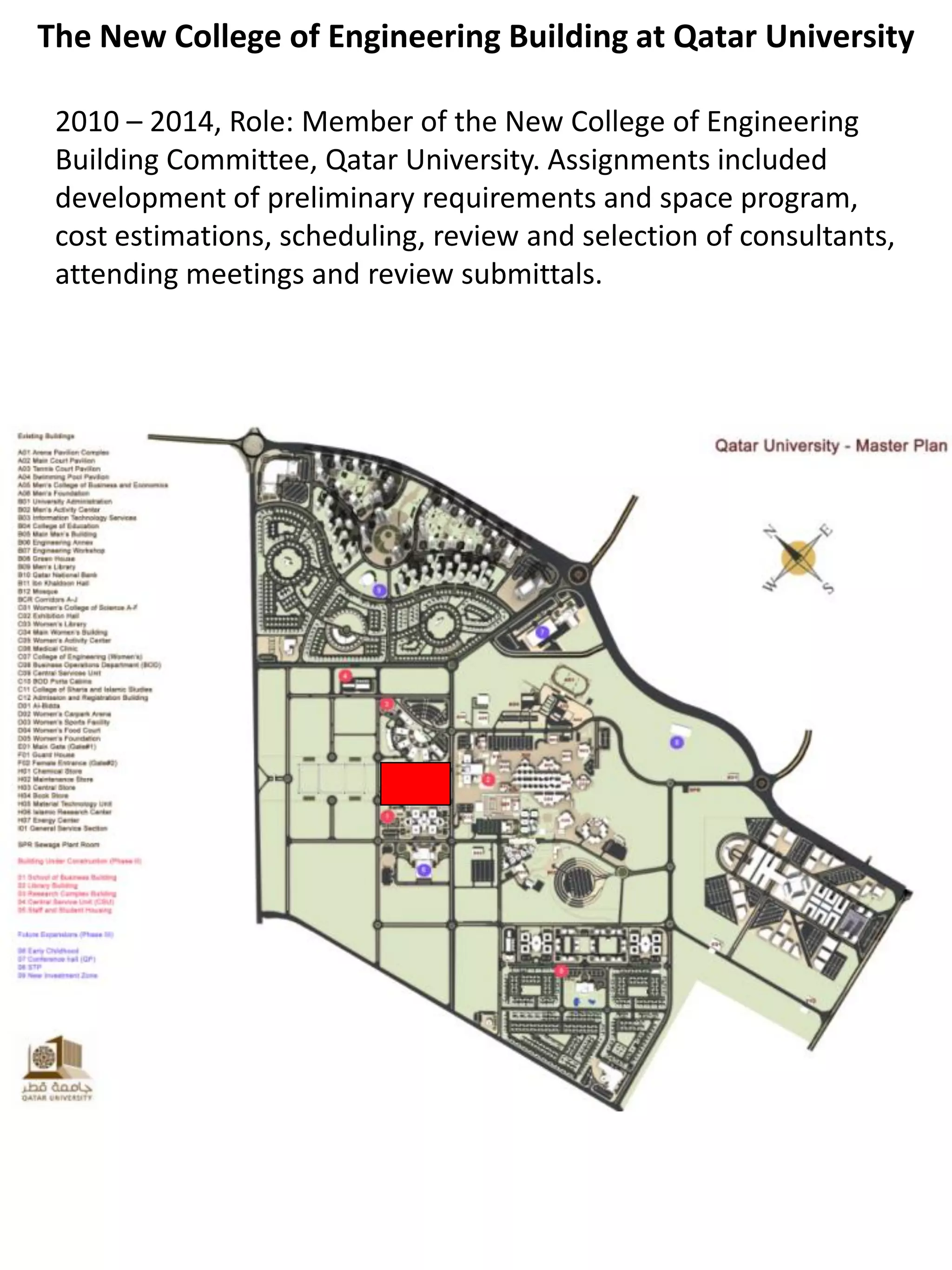 The New College of Engineering Building at Qatar University
2010 – 2014, Role: Member of the New College of Engineering
Building Committee, Qatar University. Assignments included
development of preliminary requirements and space program,
cost estimations, scheduling, review and selection of consultants,
attending meetings and review submittals.
 
