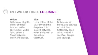 IN TWO OR THREE COLUMNS
Yellow
Is the color of gold,
butter and ripe
lemons. In the
spectrum of visible
light, yellow is
found between
green and orange.
Blue
Is the colour of the
clear sky and the
deep sea. It is
located between
violet and green on
the optical
spectrum.
Red
Is the color of
blood, and because
of this it has
historically been
associated with
sacrifice, danger
and courage.
 