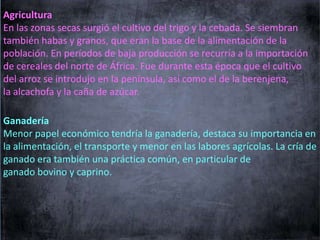 Agricultura
En las zonas secas surgió el cultivo del trigo y la cebada. Se siembran
también habas y granos, que eran la base de la alimentación de la
población. En períodos de baja producción se recurría a la importación
de cereales del norte de África. Fue durante esta época que el cultivo
del arroz se introdujo en la península, así como el de la berenjena,
la alcachofa y la caña de azúcar.

Ganadería
Menor papel económico tendría la ganadería, destaca su importancia en
la alimentación, el transporte y menor en las labores agrícolas. La cría de
ganado era también una práctica común, en particular de
ganado bovino y caprino.

 