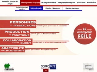 Présentation des
membres
Contexte général du
projet
Management du projet Etude préliminaire RéalisationAnalyse et Conception
10
Conclusion
Méthodologie Planning Prévisionnel Matrice des risques
 