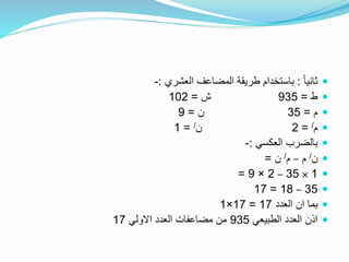 ً‫ا‬‫ثاني‬:‫العشري‬ ‫المضاعف‬ ‫طريقة‬ ‫باستخدام‬:-
‫ط‬=935‫ش‬=102
‫م‬=35‫ن‬=9
‫م‬/=2‫ن‬/=1
‫العكسي‬ ‫بالضرب‬:-
‫ن‬/‫م‬–‫م‬/‫ن‬=
1×35–2×9=
35–18=17
‫العدد‬ ‫ان‬ ‫بما‬17=17×1
‫الطبيعي‬ ‫العدد‬ ‫اذن‬935‫االولي‬ ‫العدد‬ ‫مضاعفات‬ ‫من‬17
 