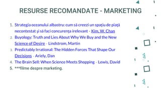 RESURSE RECOMANDATE - MARKETING
1. Strategia oceanului albastru: cum să creezi un spaţiu de piaţă
necontestat şi să faci concurenţa irelevant - Kim, W. Chan
2. Buyology: Truth and Lies About Why We Buy and the New
Science of Desire - Lindstrom, Martin
3. Predictably Irrational: The Hidden Forces That Shape Our
Decisions - Ariely, Dan
4. The Brain Sell: When Science Meets Shopping - Lewis, David
5. ***filme despre marketing.
 