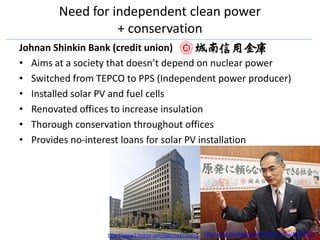Need for independent clean power
                  + conservation
Johnan Shinkin Bank (credit union)
• Aims at a society that doesn’t depend on nuclear power
• Switched from TEPCO to PPS (Independent power producer)
• Installed solar PV and fuel cells
• Renovated offices to increase insulation
• Thorough conservation throughout offices
• Provides no-interest loans for solar PV installation




                  http://www2.hokua.com/siguma2/?cat=3 http://blog.machiblo.jp/xxxnodamix/kiji/4853.html
 