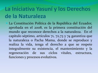 La Iniciativa Yasuní y los Derechos 
de la Naturaleza 
 La Constitución Política de la República del Ecuador, 
aprobada en el 2008, es la primera constitución del 
mundo que reconoce derechos a la naturaleza. En el 
capítulo séptimo, artículos 71, 72,73 y 74 garantiza que 
la naturaleza o Pacha Mama, donde se reproduce y 
realiza la vida, tenga el derecho a que se respete 
integralmente su existencia, el mantenimiento y la 
regeneración de sus ciclos vitales, estructura, 
funciones y procesos evolutivos. 
 