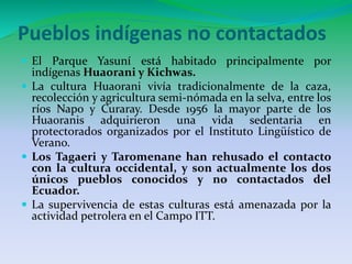 Pueblos indígenas no contactados 
 El Parque Yasuní está habitado principalmente por 
indígenas Huaorani y Kichwas. 
 La cultura Huaorani vivía tradicionalmente de la caza, 
recolección y agricultura semi-nómada en la selva, entre los 
ríos Napo y Curaray. Desde 1956 la mayor parte de los 
Huaoranis adquirieron una vida sedentaria en 
protectorados organizados por el Instituto Lingüístico de 
Verano. 
 Los Tagaeri y Taromenane han rehusado el contacto 
con la cultura occidental, y son actualmente los dos 
únicos pueblos conocidos y no contactados del 
Ecuador. 
 La supervivencia de estas culturas está amenazada por la 
actividad petrolera en el Campo ITT. 
 