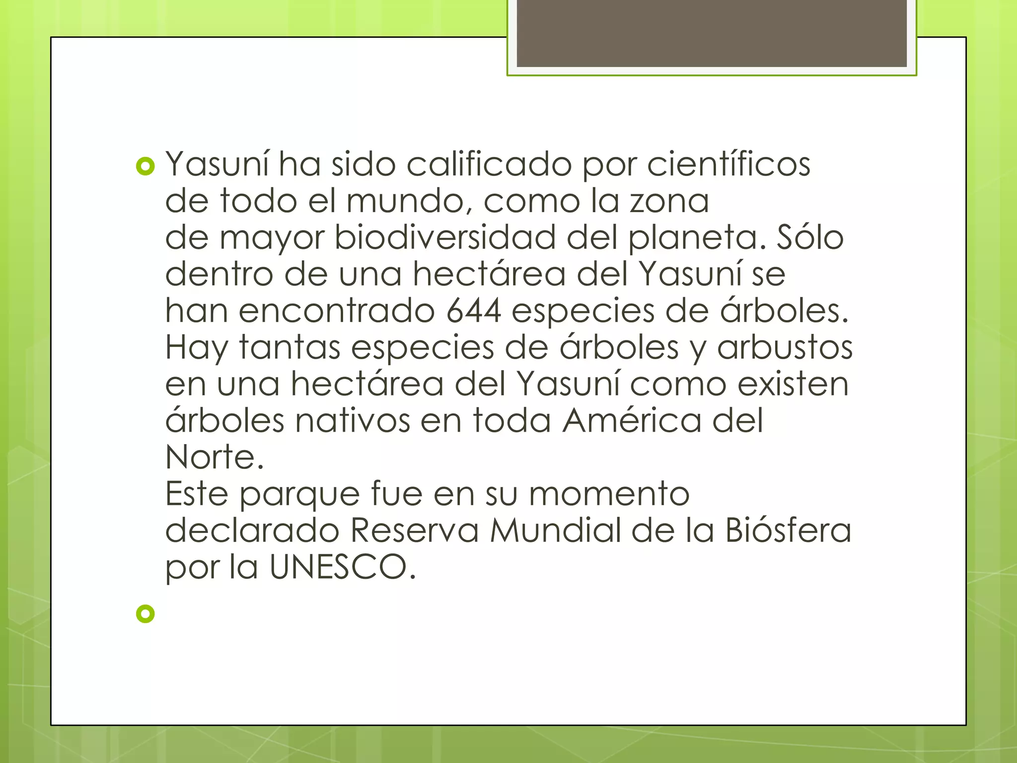  Yasuní   ha sido calificado por científicos
    de todo el mundo, como la zona
    de mayor biodiversidad del planeta. Sólo
    dentro de una hectárea del Yasuní se
    han encontrado 644 especies de árboles.
    Hay tantas especies de árboles y arbustos
    en una hectárea del Yasuní como existen
    árboles nativos en toda América del
    Norte.
    Este parque fue en su momento
    declarado Reserva Mundial de la Biósfera
    por la UNESCO.

 
